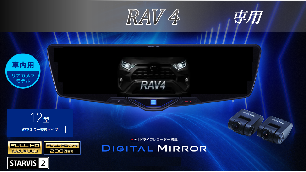 RAV4専用12型2025ドライブレコーダー搭載デジタルミラー 車内用リアカメラモデル